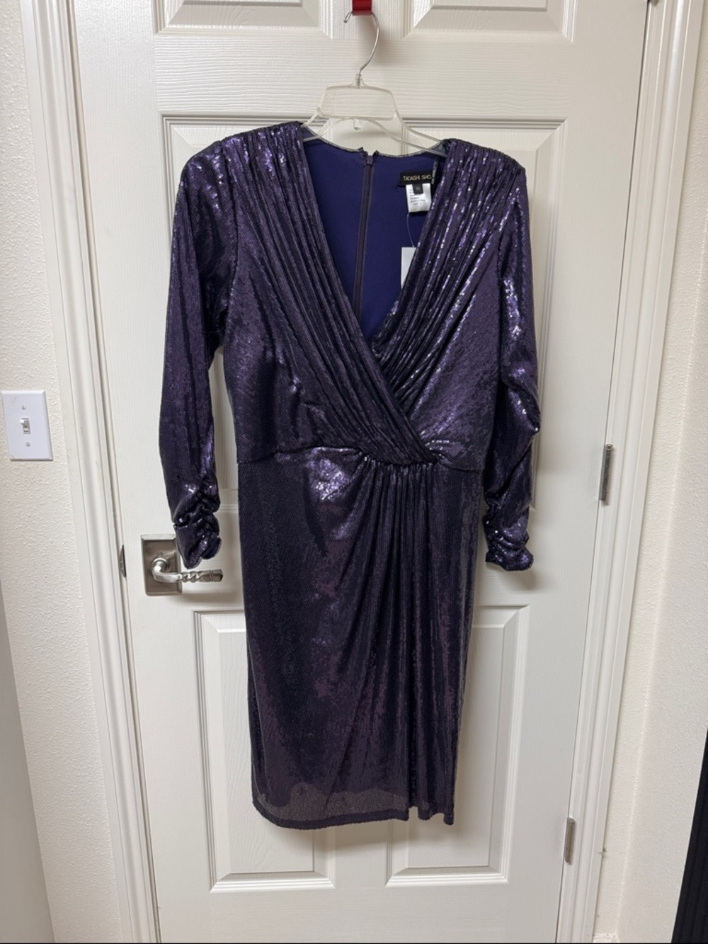 Tadashi Shoji Purple Sequin Long Sleeve Wrap Dress